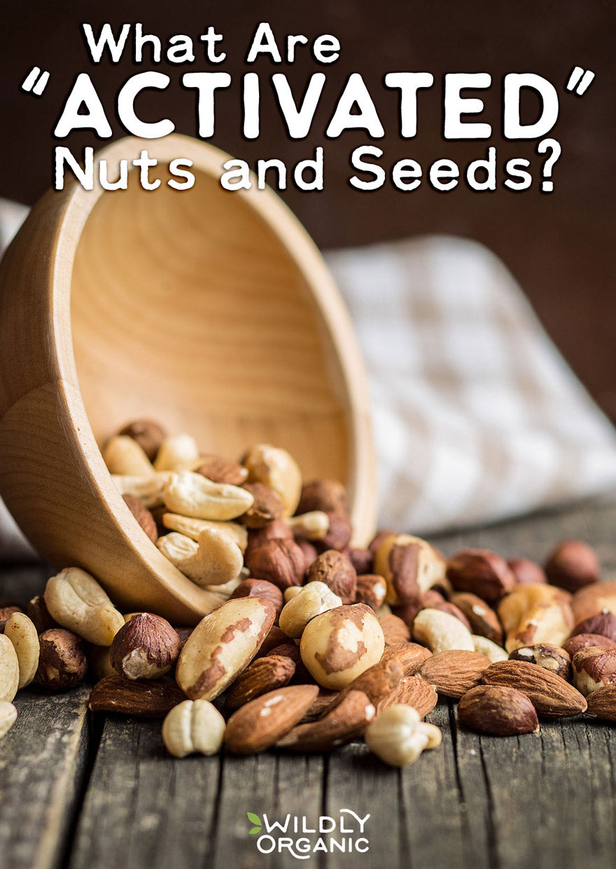 A wooden bowl spilling mixed nuts and seeds onto a wooden surface, with text explaining activated nuts and seeds.