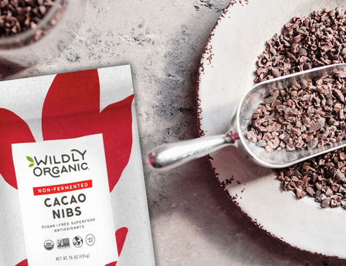 Cacao nibs beside the package
