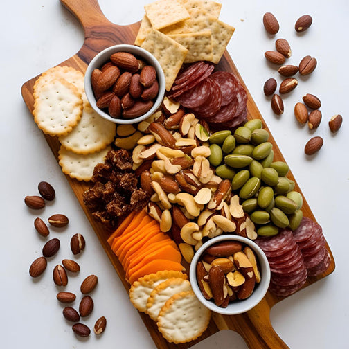Charcuterie board with raw Brazil nuts