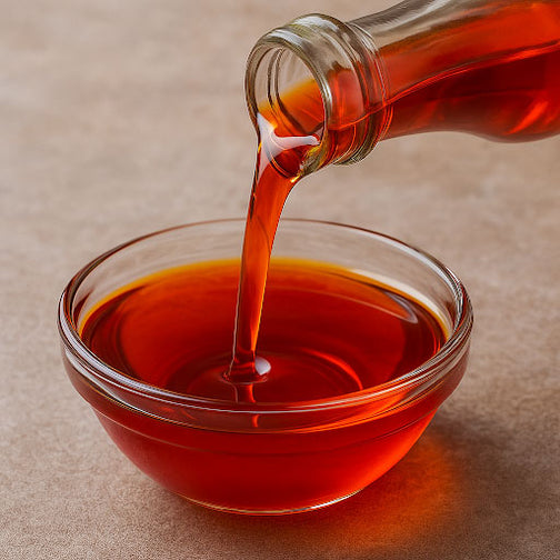 Pouring red palm oil into small glass bowl