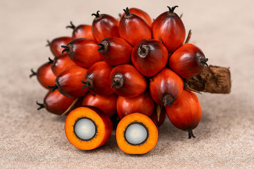 Close-up of red palm oil fruits on a textured beige background